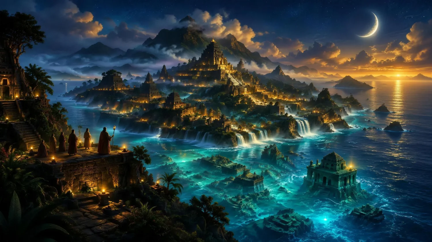 A legendary lost continent of Lemuria with glowing temples slowly sinking into a turquoise ocean at twilight
