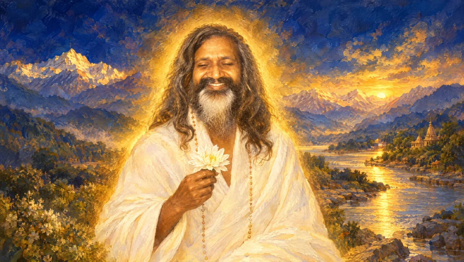 Painted devotional portrait of Maharishi Mahesh Yogi holding a white flower, with a golden aura