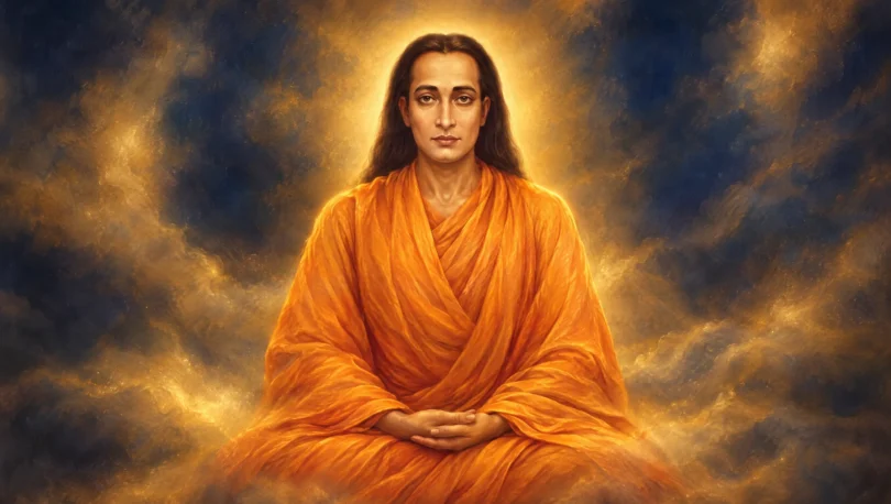 Painted portrait of Mahavatar Babaji with long dark hair in a saffron robe