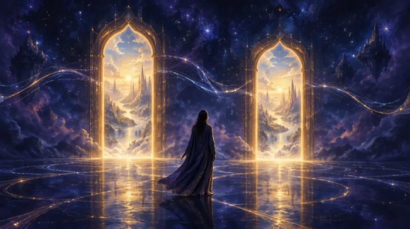 Two nearly identical glowing doorways in indigo, violet and gold, symbolizing parallel realities and the Mandela effect