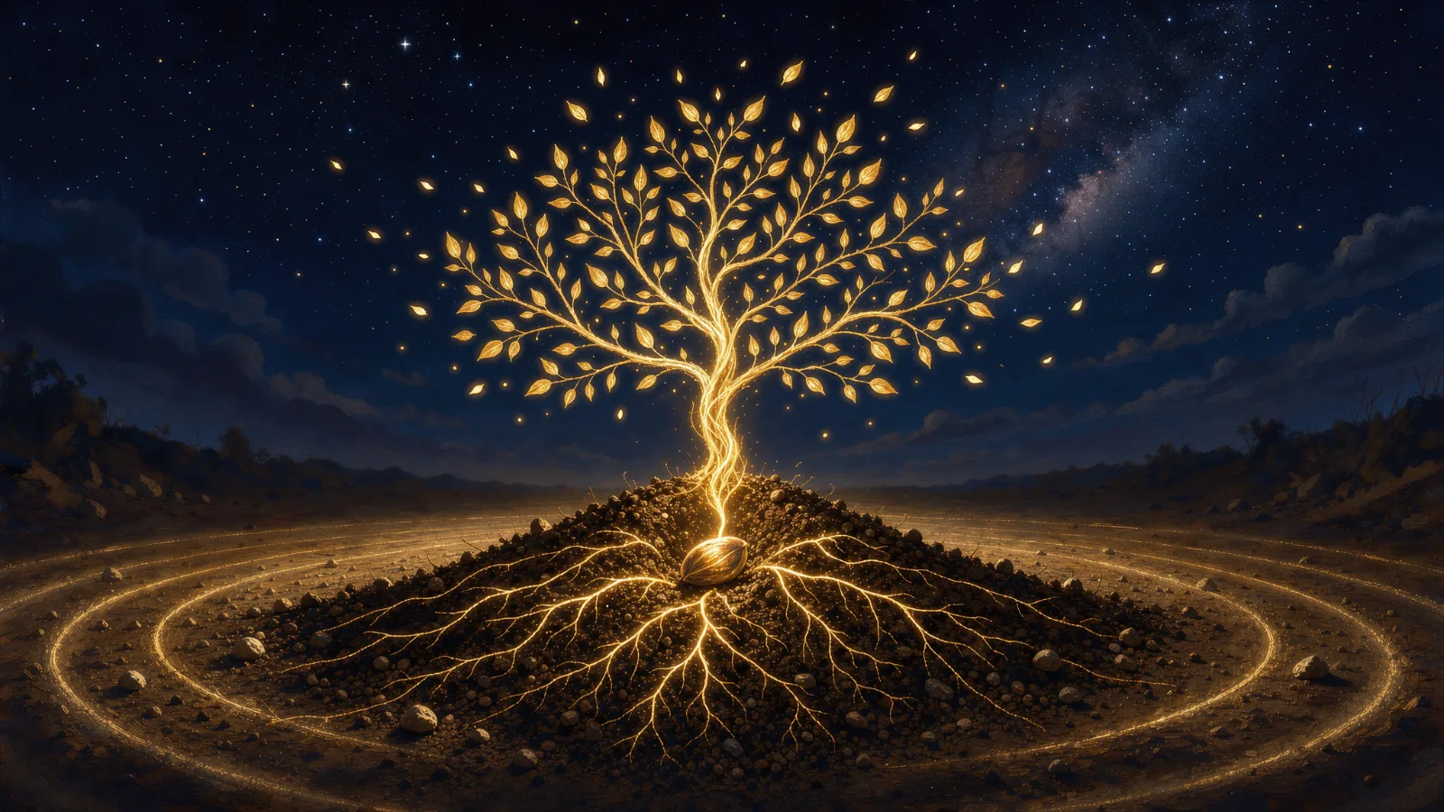 A golden tree of light growing from a glowing seed under a starry sky