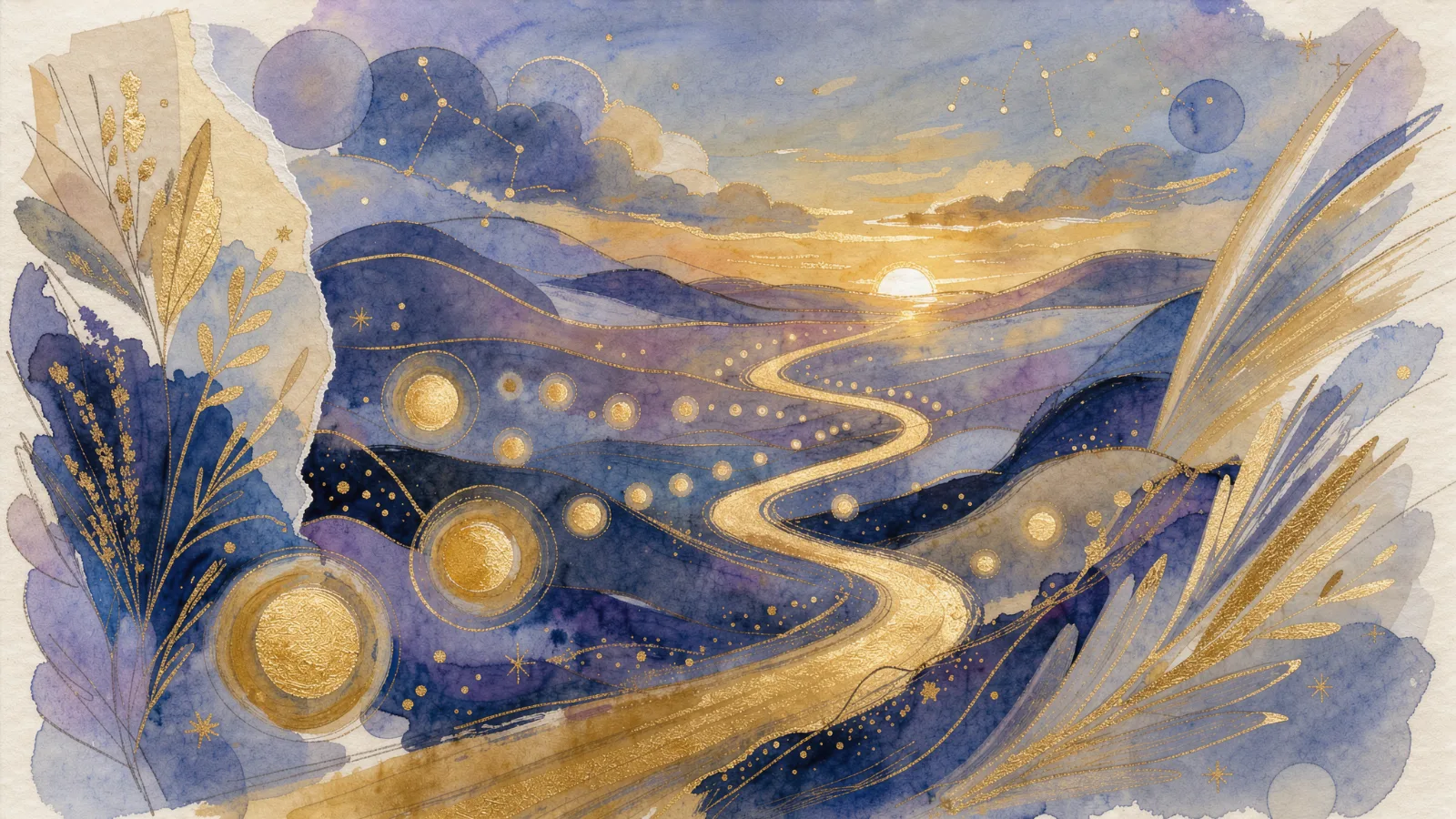 A winding path of golden light through an abstract watercolor valley toward a bright horizon