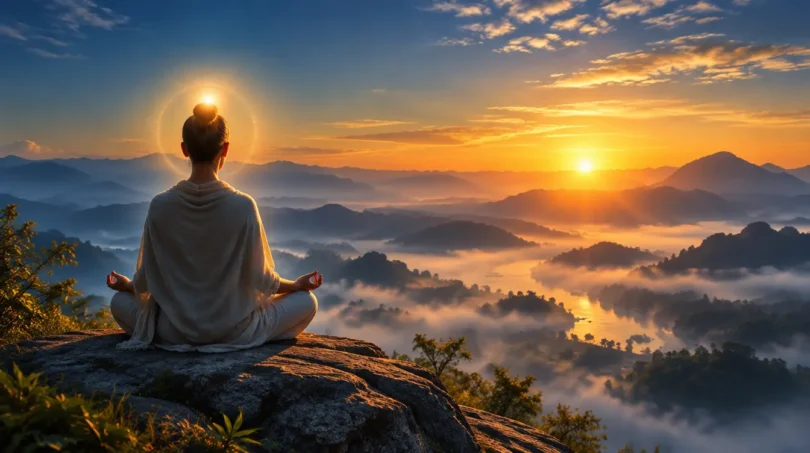 A person meditating on a stone ledge at sunrise above a misty valley with a soft golden glow around the head