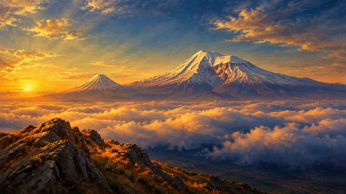 Painting of snow-capped Mount Ararat rising above low clouds at golden sunrise