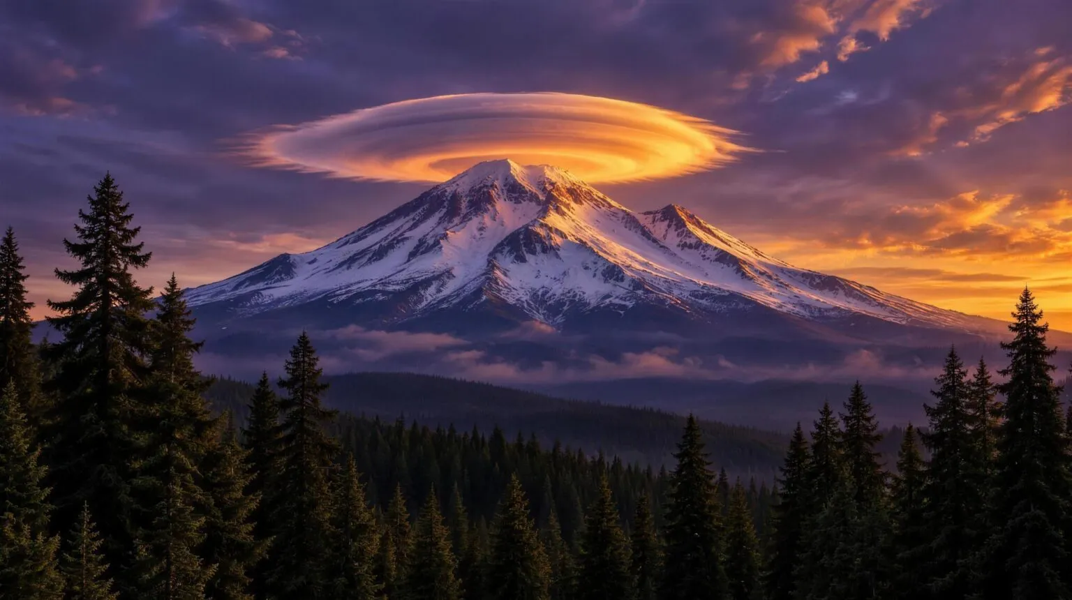 Snow capped Mount Shasta at dusk with a glowing lenticular cloud above the summit, the mountain of Lemurian legend