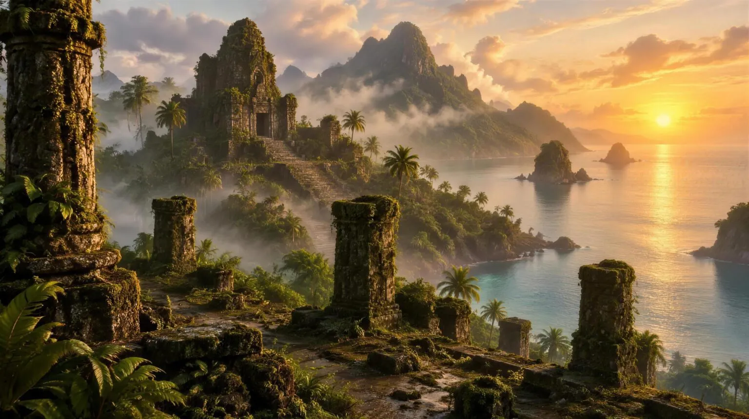 Ancient weathered stone temple ruins on a misty tropical Pacific island at dawn, an image of the legendary continent of Mu