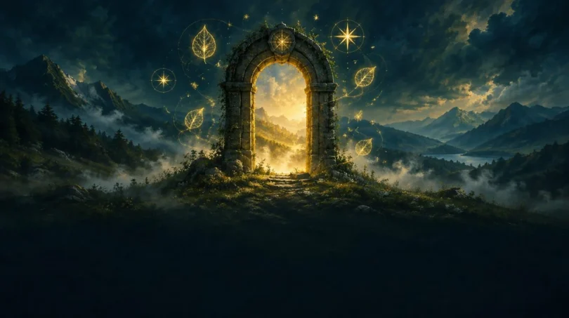 A glowing stone doorway on a misty hillside at dusk, with golden light pouring through the arch in a deep teal and navy landscape.