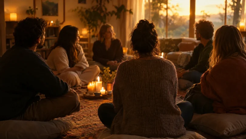 A small circle of people sitting together in a warm living room, listening as one person shares an experience