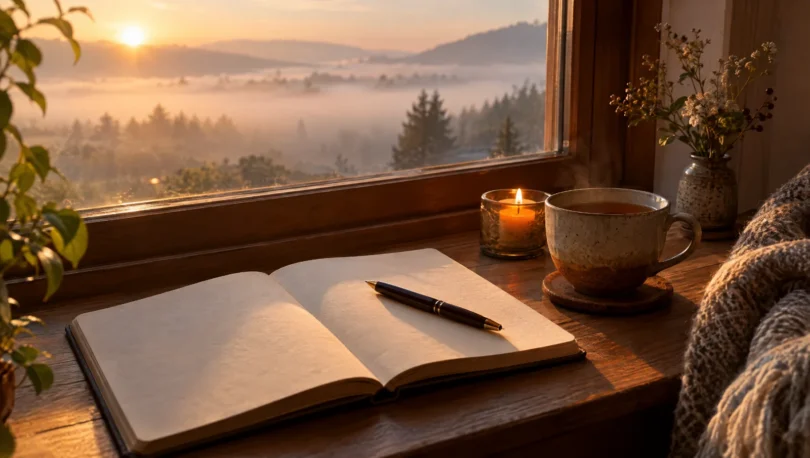 Open journal, pen and a cup of tea on a table by a window at sunrise, a quiet integration practice after a near-death experience