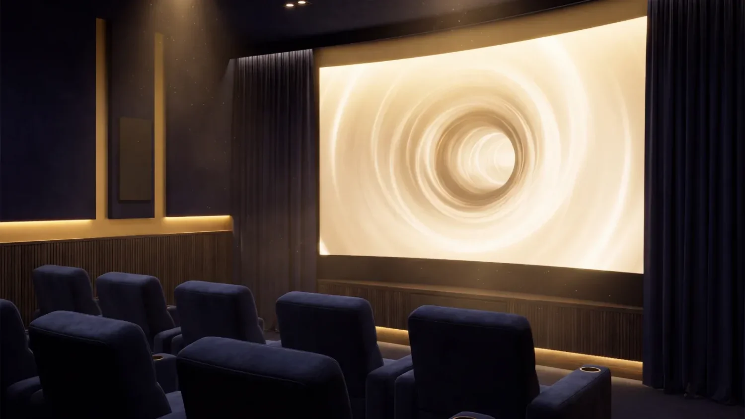 Dark home cinema with empty seats facing a screen showing a soft golden tunnel of light