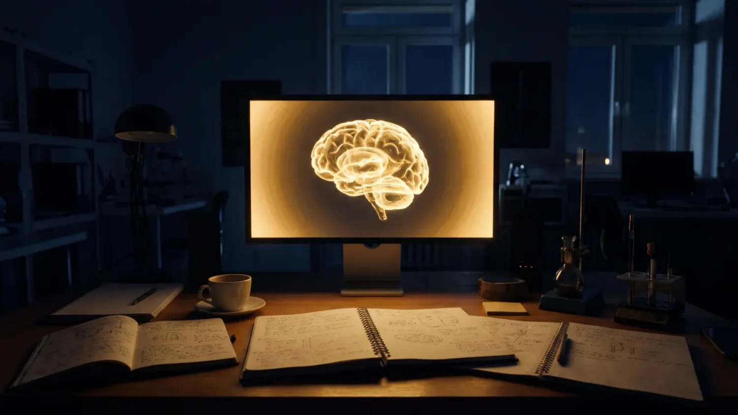 Night research laboratory with a glowing brain scan monitor casting golden light over a desk