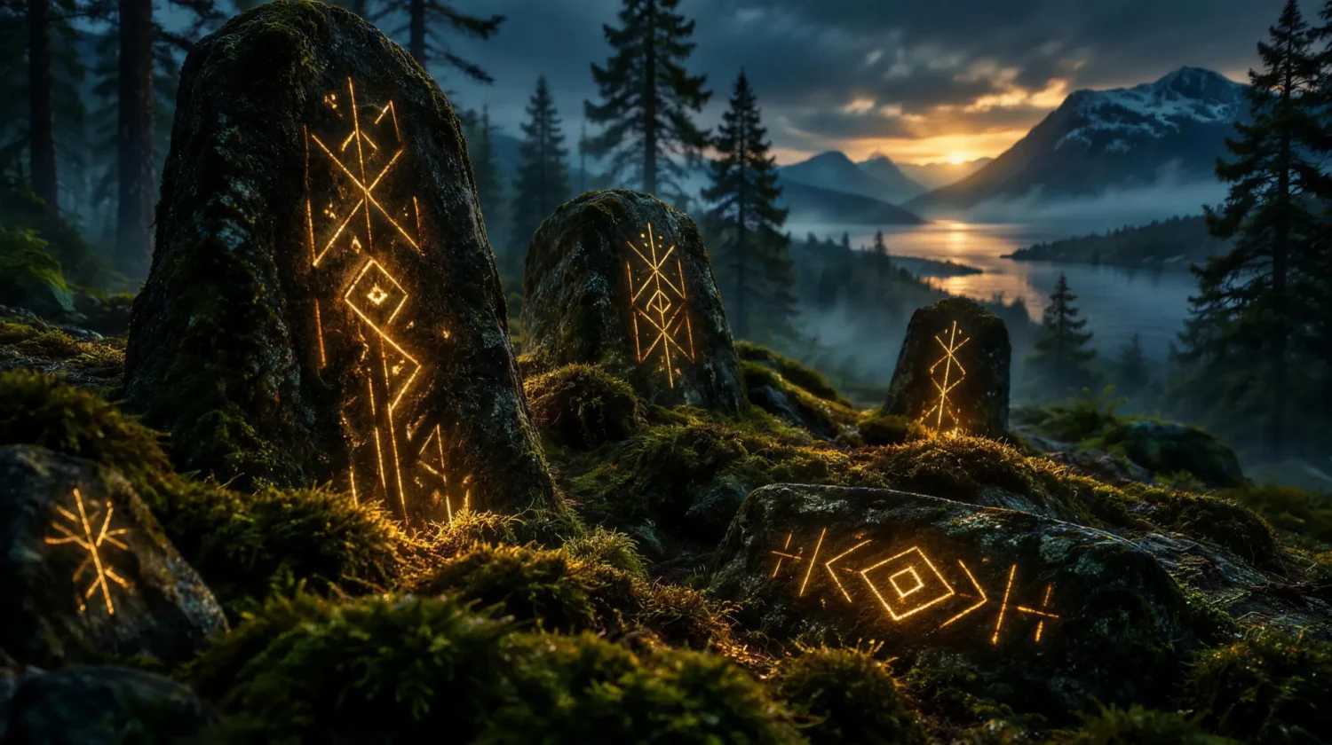Carved stone runes glowing with soft golden light on moss in a misty Nordic forest at dusk