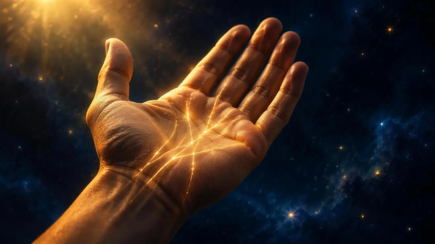 An open palm held up under warm golden light with softly glowing lines tracing across the skin