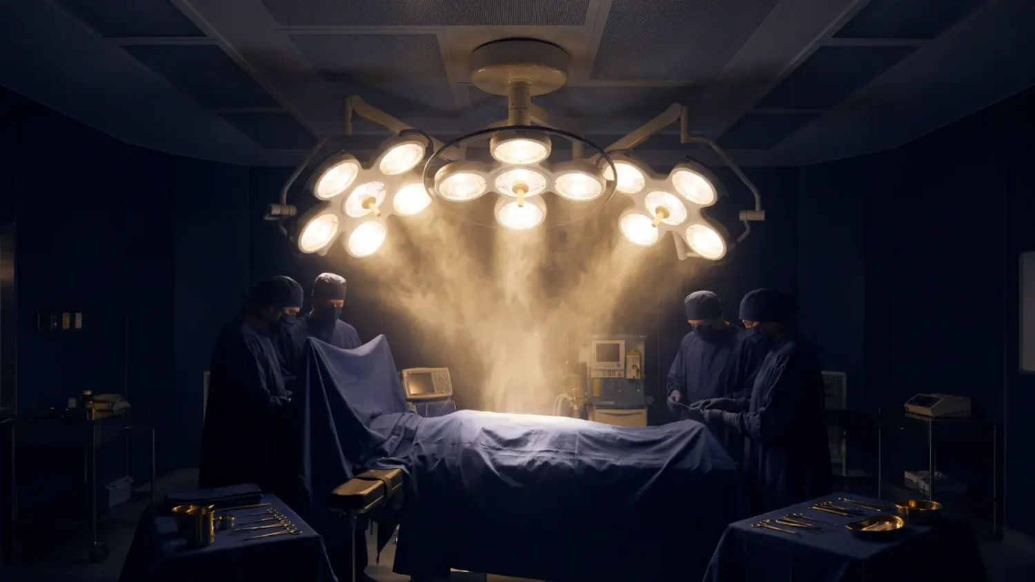 Operating room seen from above with surgical lights forming a halo and golden light rising upward