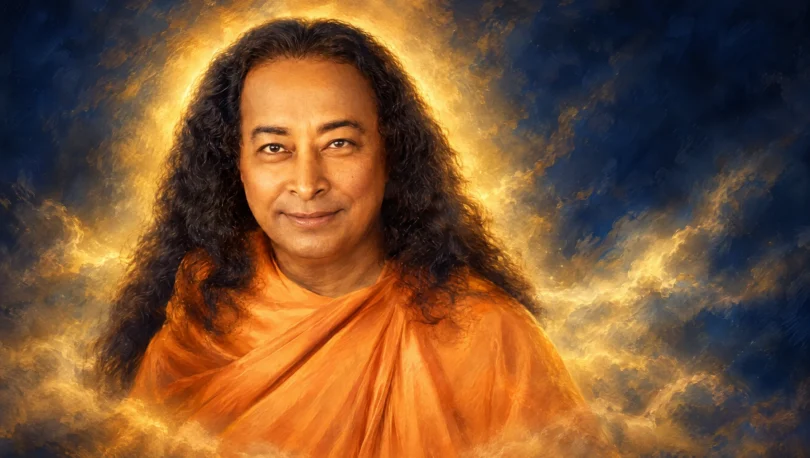Painted portrait of Paramahansa Yogananda in an orange robe with a golden halo