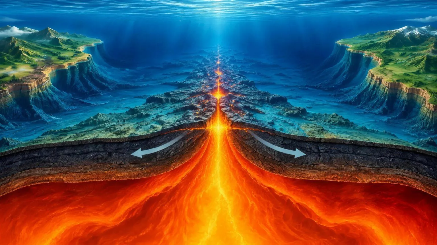 Cross section of the ocean floor where two tectonic plates drift apart at a glowing mid ocean ridge