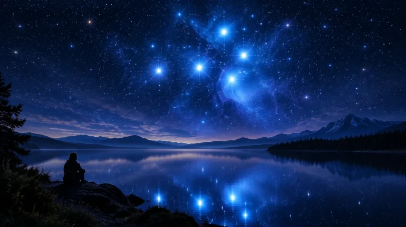 The Pleiades star cluster glowing blue-white above a calm lake with a lone silhouette on the shore