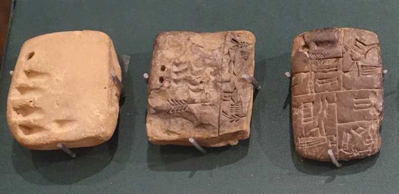 Early clay tablets from Uruk marked with numbers and proto-cuneiform signs used for accounting grain and goods