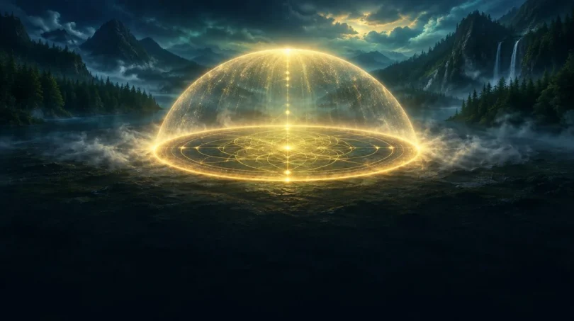 Glowing golden protective circle with a shimmering dome of light, hero art for the Psychic Self-Defense study guide