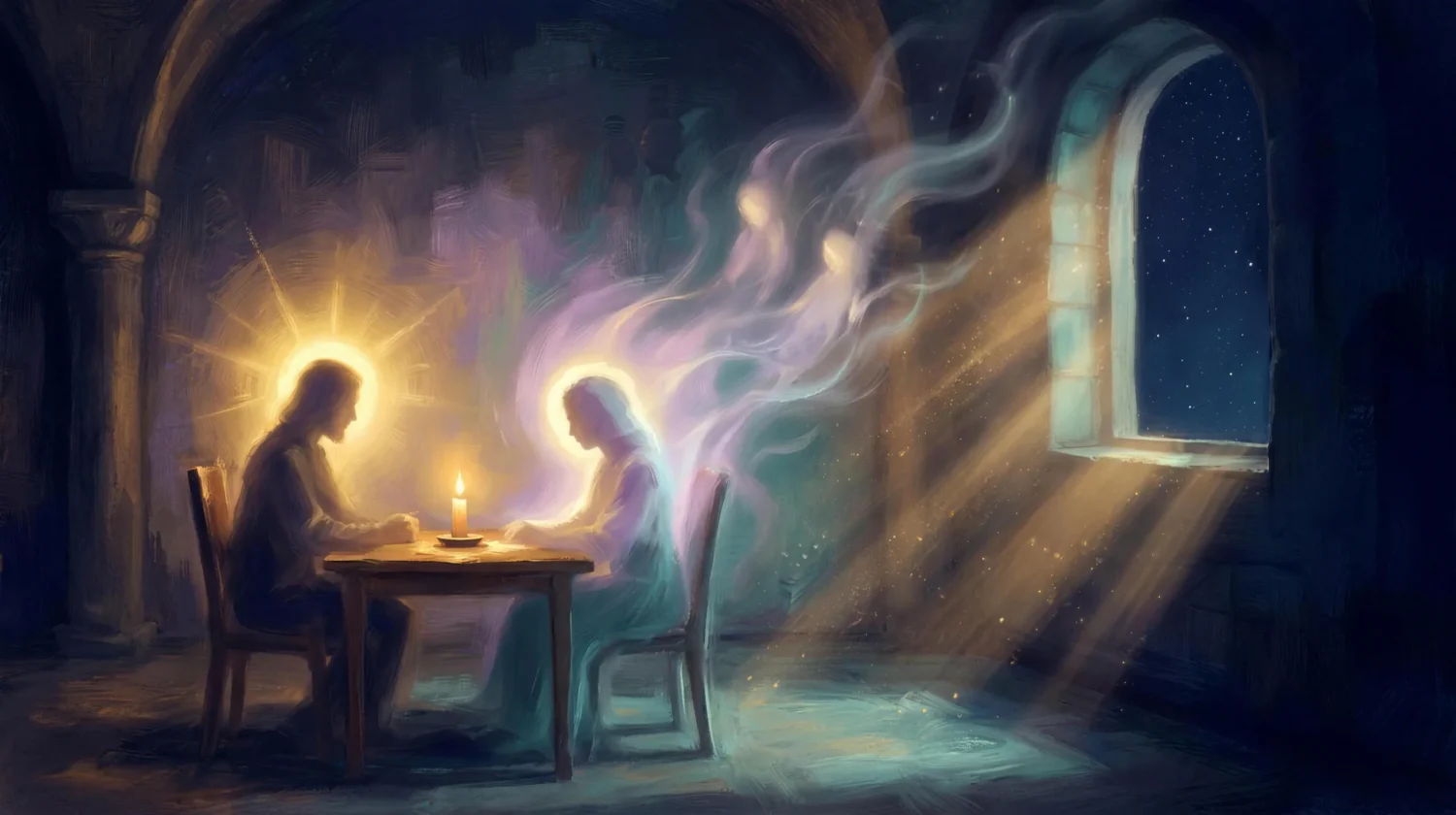 Two softly glowing figures seated across a candlelit table, one radiating golden light from the brow and the other surrounded by gentle drifting mist, symbolizing a psychic and a medium
