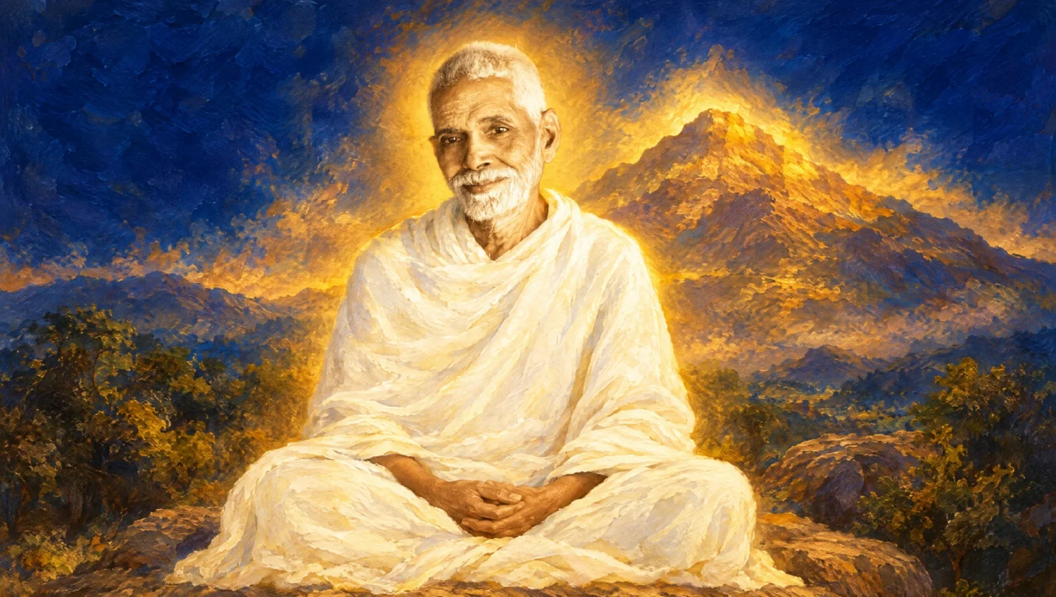 Painted devotional portrait of Ramana Maharshi seated in meditation with the mountain Arunachala glowing behind him