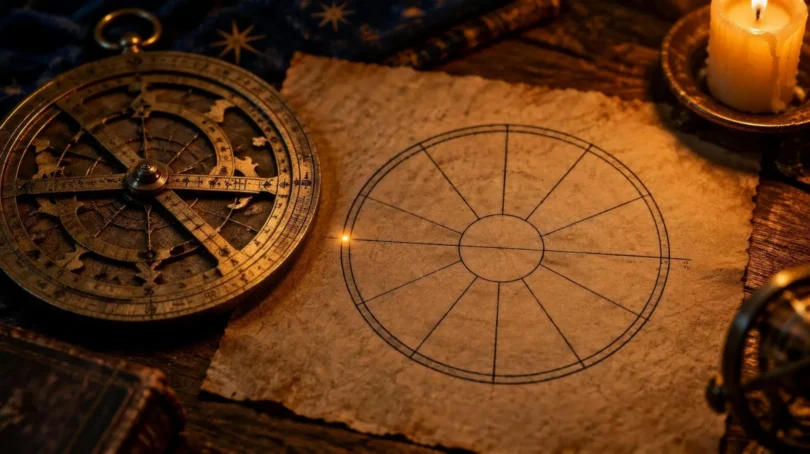 An antique brass astrolabe and a circular birth chart drawn on parchment beside a candle, with a horizon line crossing the wheel