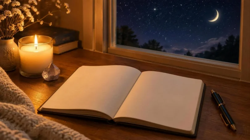 An open blank journal and pen beside a lit candle and a crystal, with a starry night sky and crescent moon in the window