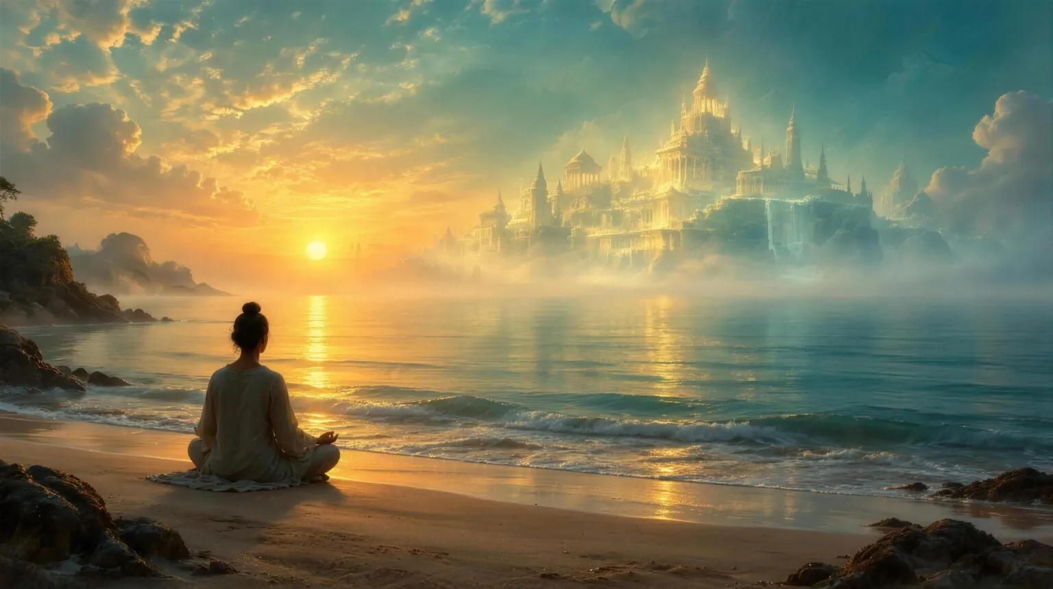 A person meditating on a quiet beach at sunrise as a faint glowing temple city shimmers in the sea mist on the horizon