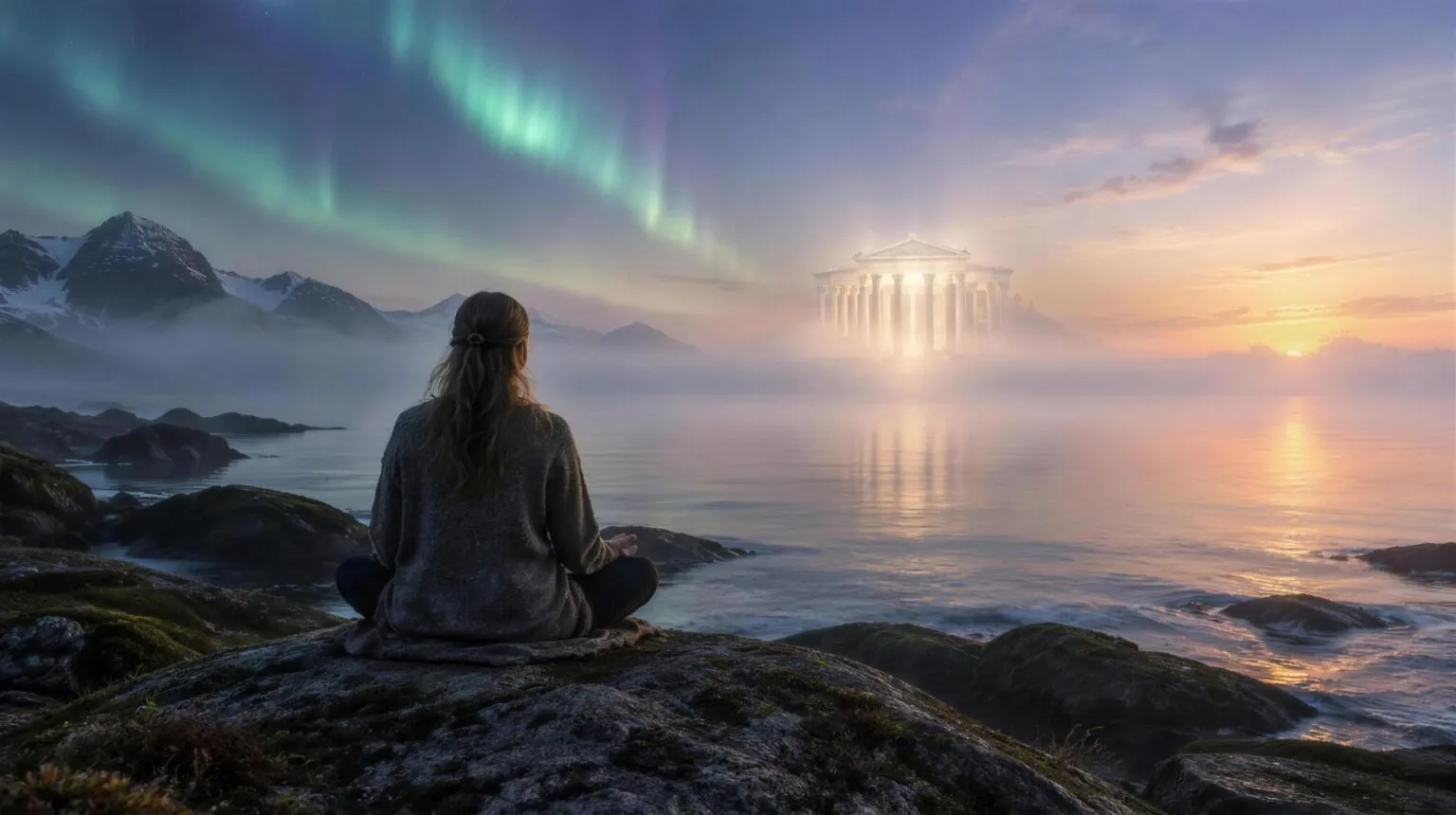 A person meditating on a quiet northern shore at dawn while a faint glowing temple of white columns shimmers in the sea mist