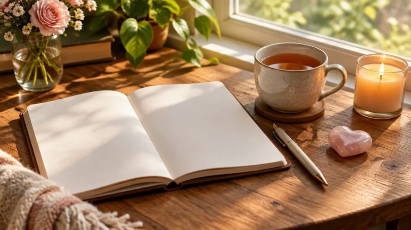 Journaling corner with a blank notebook, pen, cup of tea, rose quartz heart stone and a lit candle by a sunny window