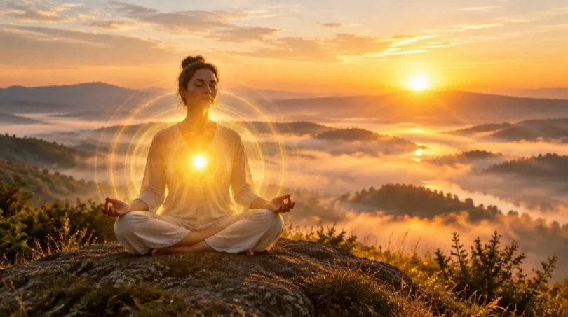 Person meditating on a hilltop at sunrise with warm golden light radiating in rings from their heart
