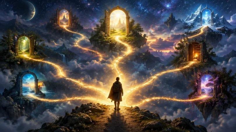 A lone traveler at the center of branching glowing paths in a twilight sky, each leading to a different lit doorway