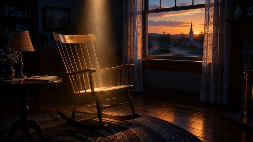 Empty wooden rocking chair by a window at dusk with a soft column of golden light glowing in it