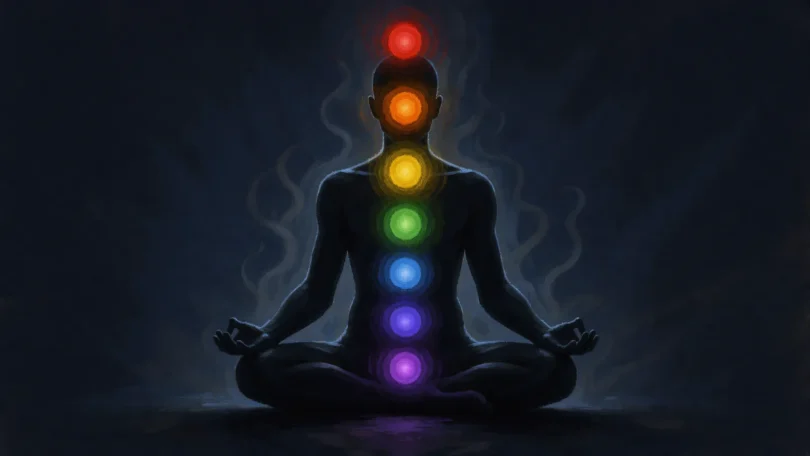 A seated meditator silhouette with seven glowing chakra lights from red at the base to violet at the crown