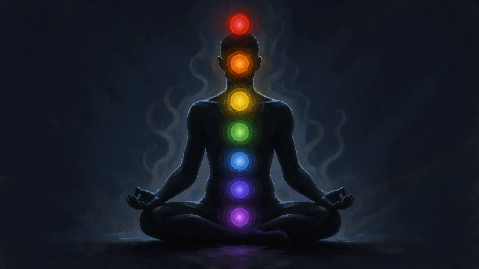 A seated meditator silhouette with seven glowing chakra lights from red at the base to violet at the crown