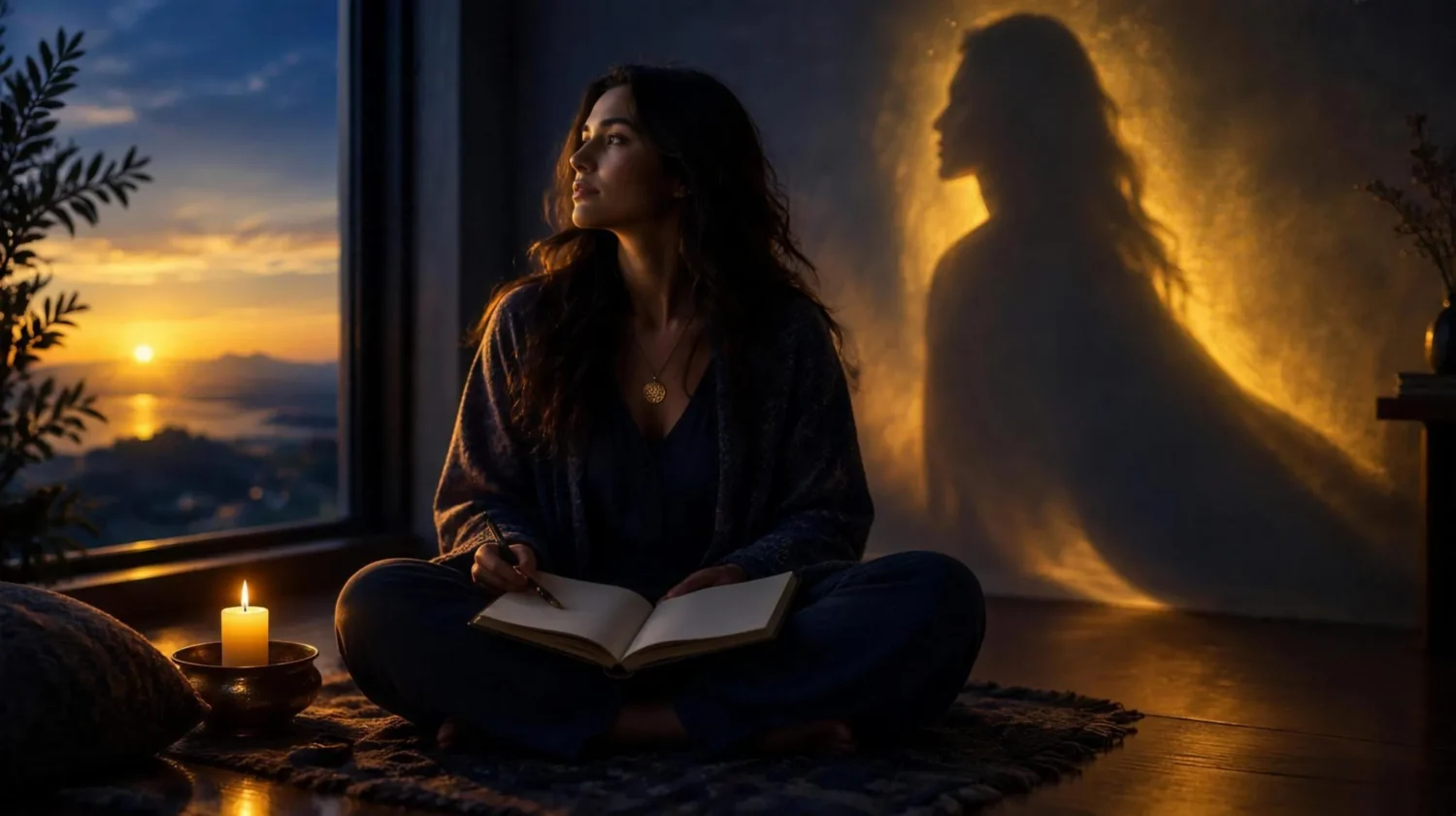 A woman sitting by a window at dawn with an open blank journal and a candle, her long shadow glowing with gold light on the wall behind her