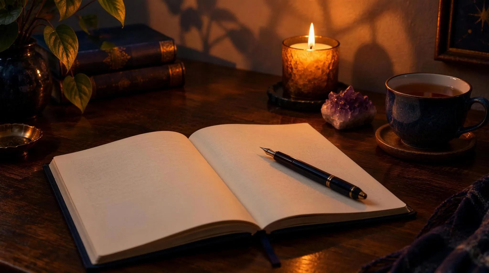 An open blank journal, fountain pen, lit candle, cup of tea and amethyst crystal on a dark wooden desk in warm evening light