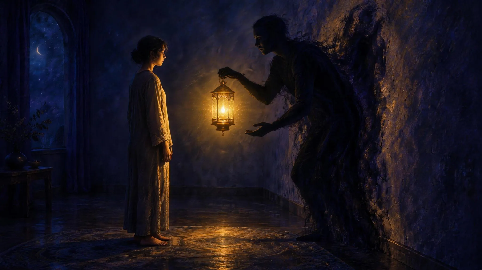 A person in a dim indigo room facing their own shadow, which steps off the wall as a figure offering a golden lantern