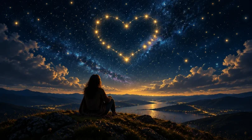 A person seen from behind on a hilltop at night looking up at a glowing heart-shaped constellation in the sky