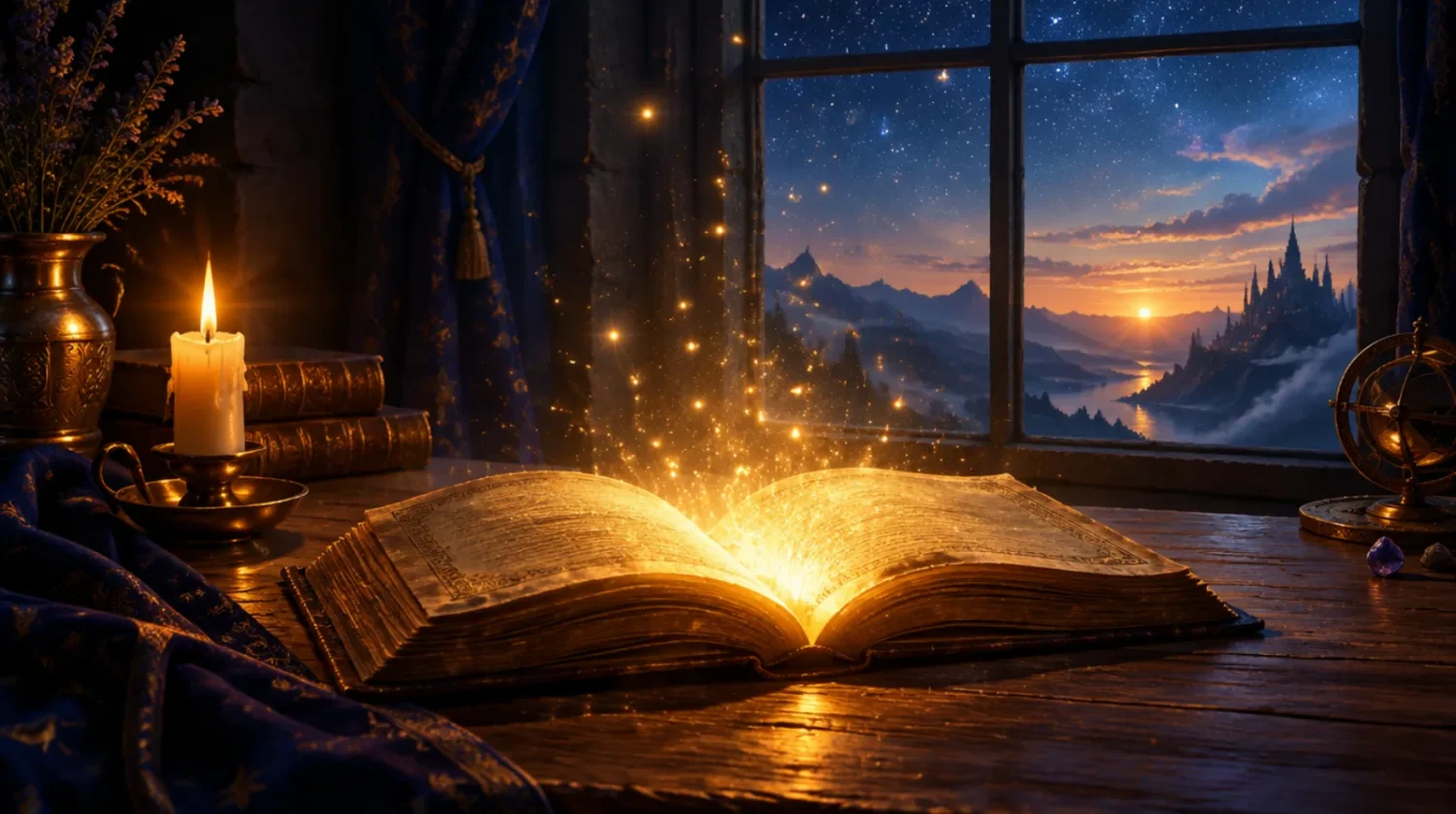 An open book on a wooden table releasing golden light and rising particles beside a candle and a dawn sky, representing spiritual awakening books