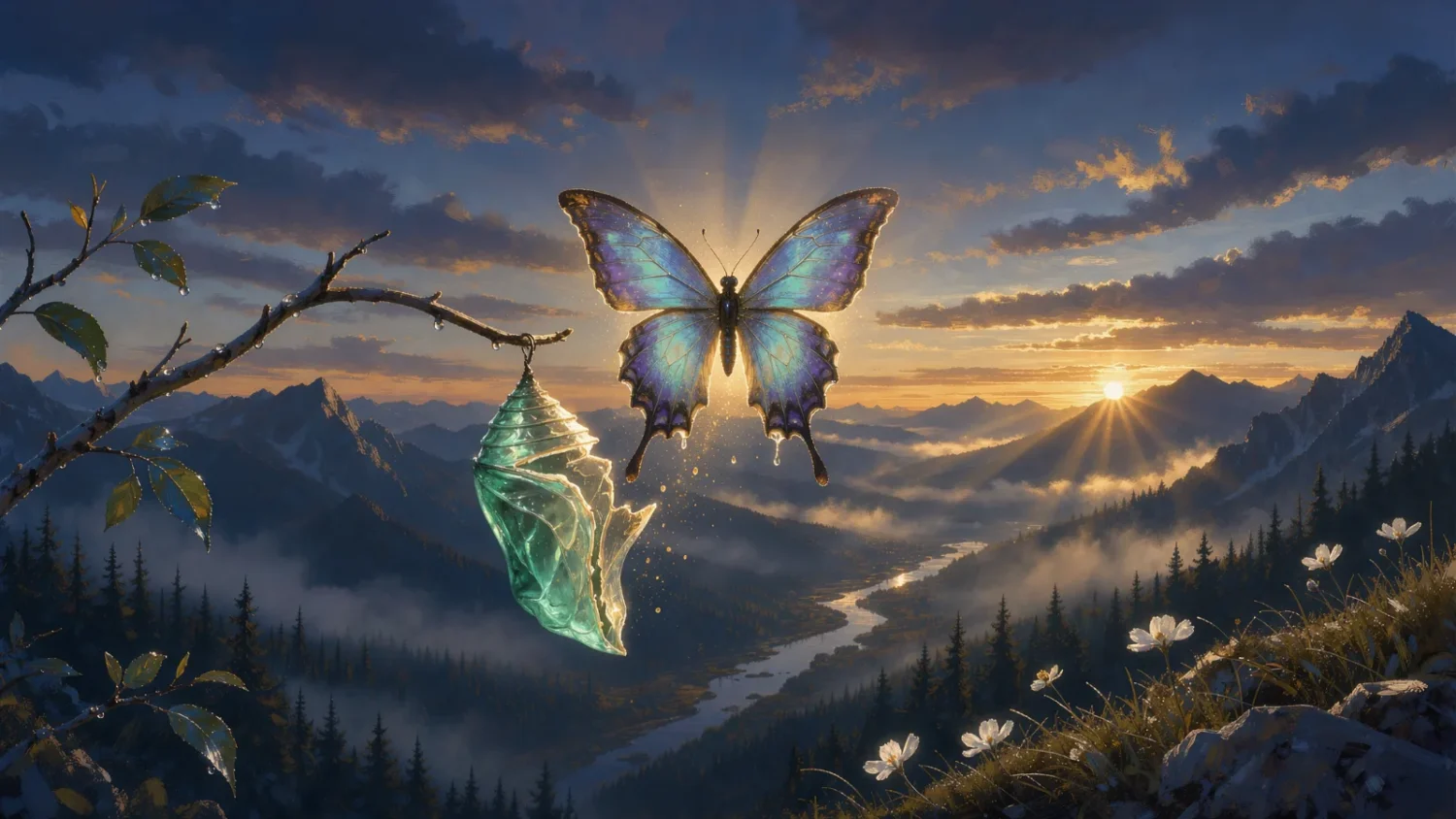 A luminous butterfly emerging from a chrysalis above a mountain valley at sunrise