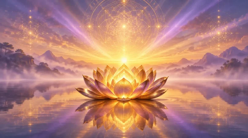 A golden lotus opening on still water at first light beneath rays of gold and violet light, symbolizing a spiritual awakening