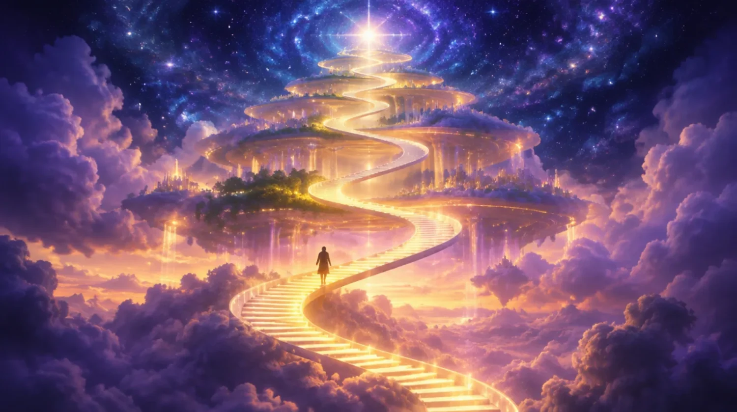 Five glowing stone steps rising through soft golden mist toward a luminous horizon, symbolizing the levels of spiritual awakening
