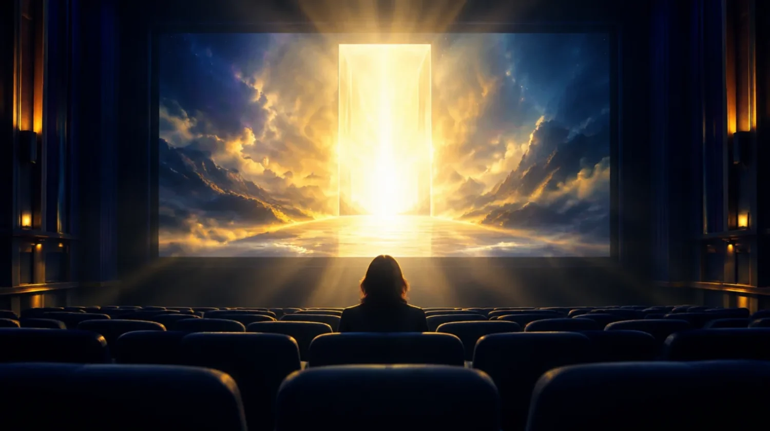 A lone viewer in a dark cinema watching a screen that opens into golden light, representing spiritual awakening movies