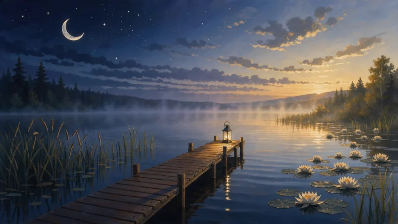 A lantern at the end of a wooden dock on a calm lake at dusk under a crescent moon