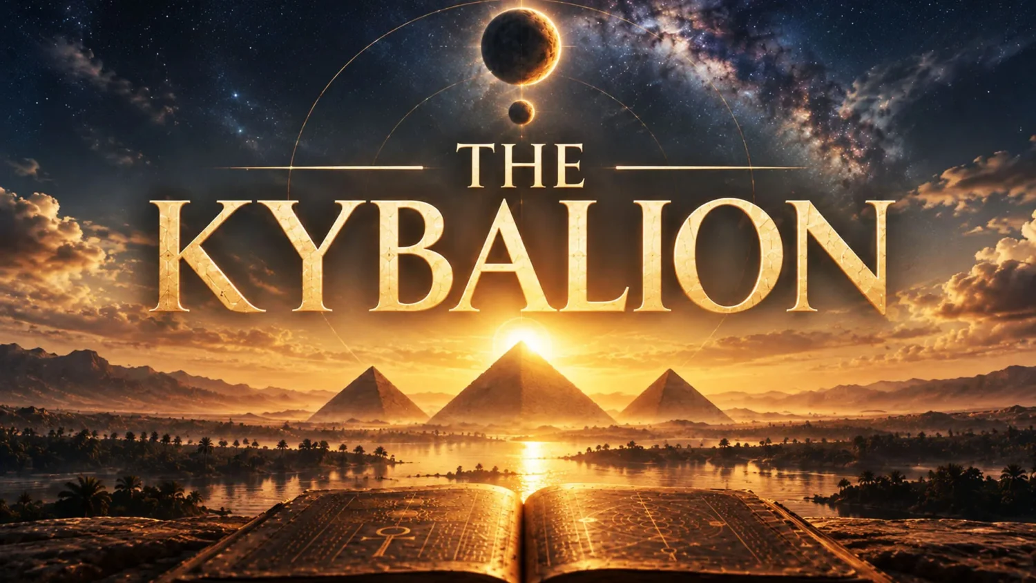 The Kybalion key art: an open ancient book in front of the pyramids at sunrise over the Nile