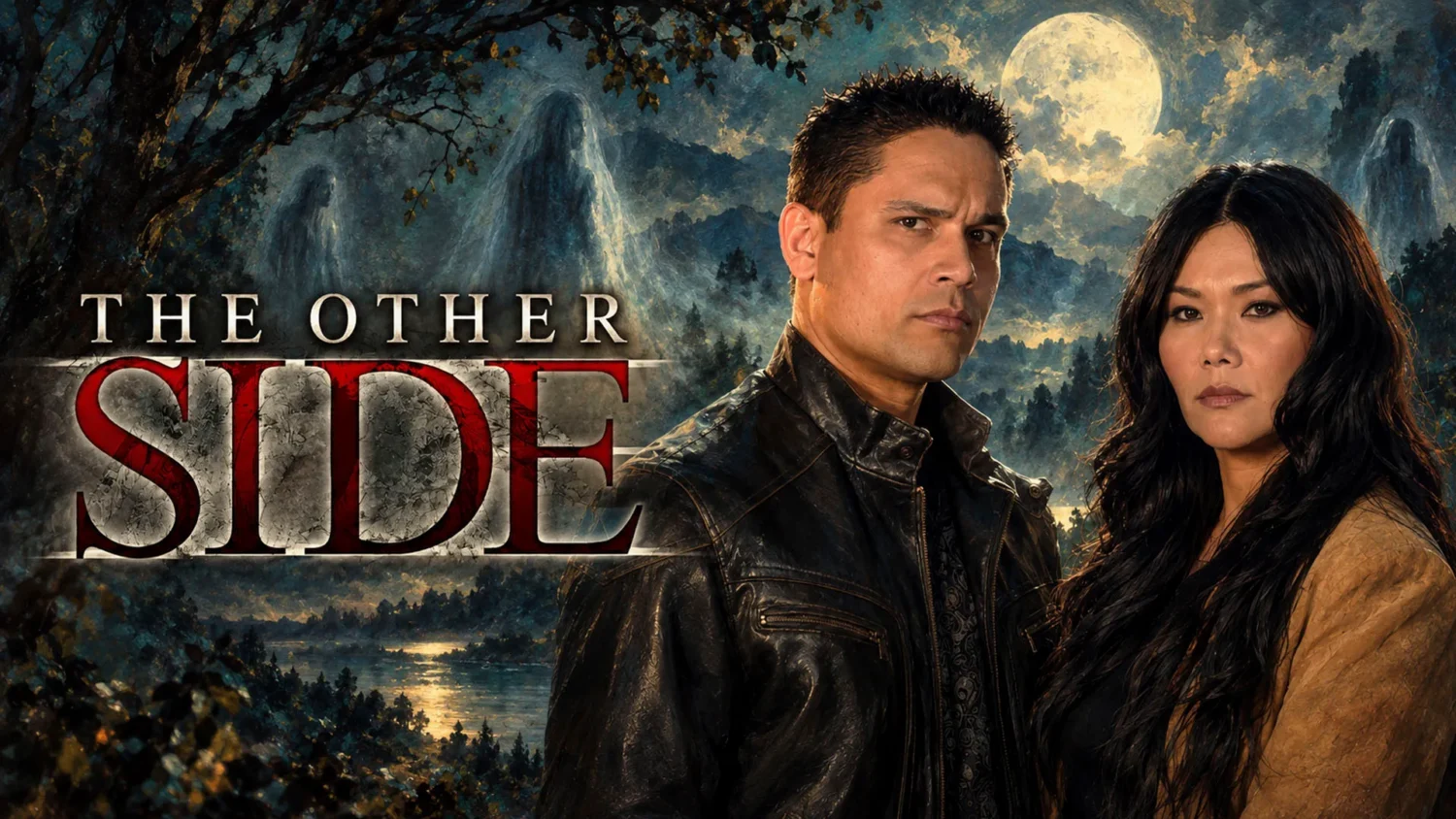 The Other Side key art: a man and woman in dark jackets standing before a moonlit misty landscape with ghostly figures