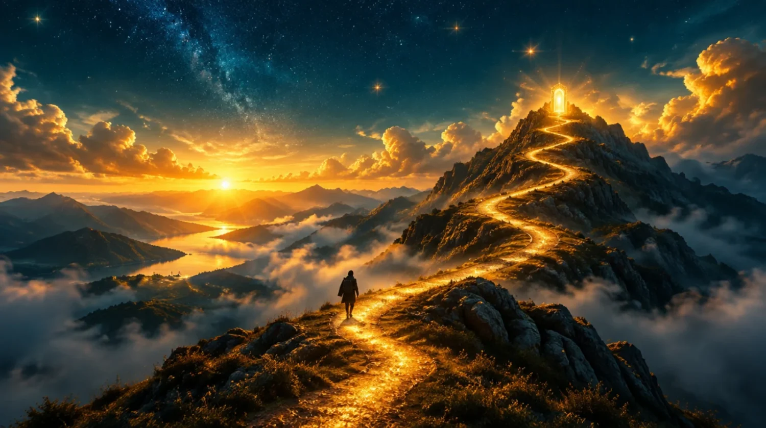 A traveler walking a winding path of golden light up a mountain toward a glowing doorway at the summit under a starry dawn sky