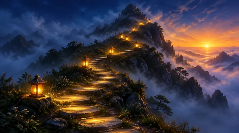 A winding path of glowing stepping stones with seven lanterns leading up a misty mountain at dawn