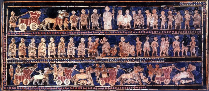 The war panel of the Standard of Ur, a Sumerian mosaic box showing soldiers, chariots and captives in shell, lapis lazuli and red limestone